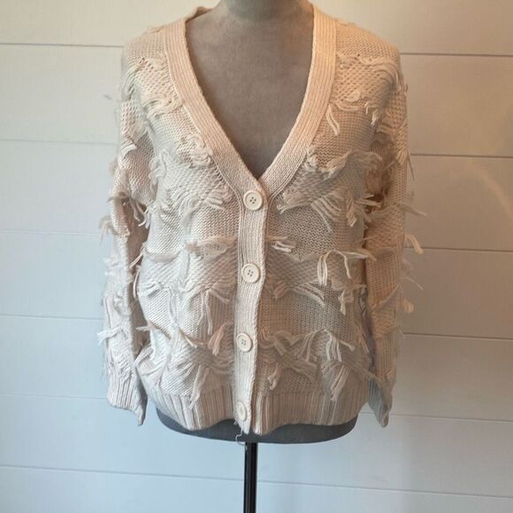 525 Fringe Cardigan Sweater In Bare Size Large Ivory Off White V- Neck B… - Picture 2 of 9